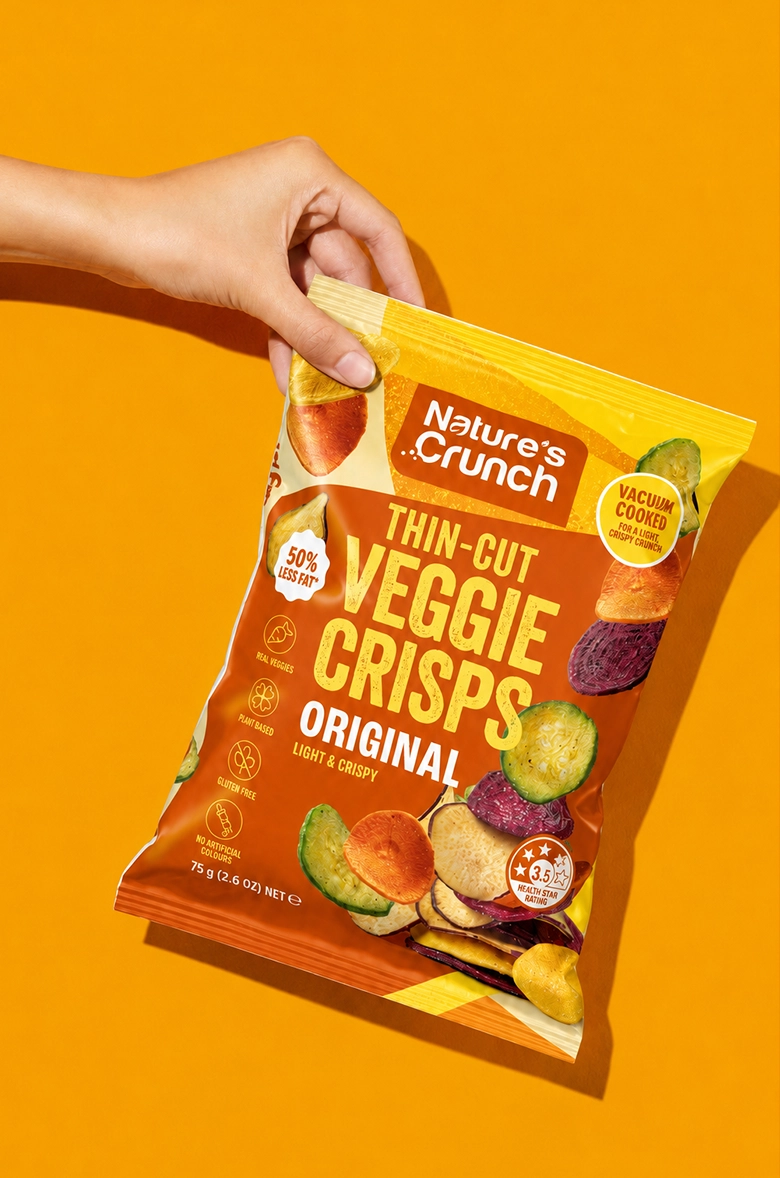 Snack packaging design: Nature's Crunch Original veggie crisps bag