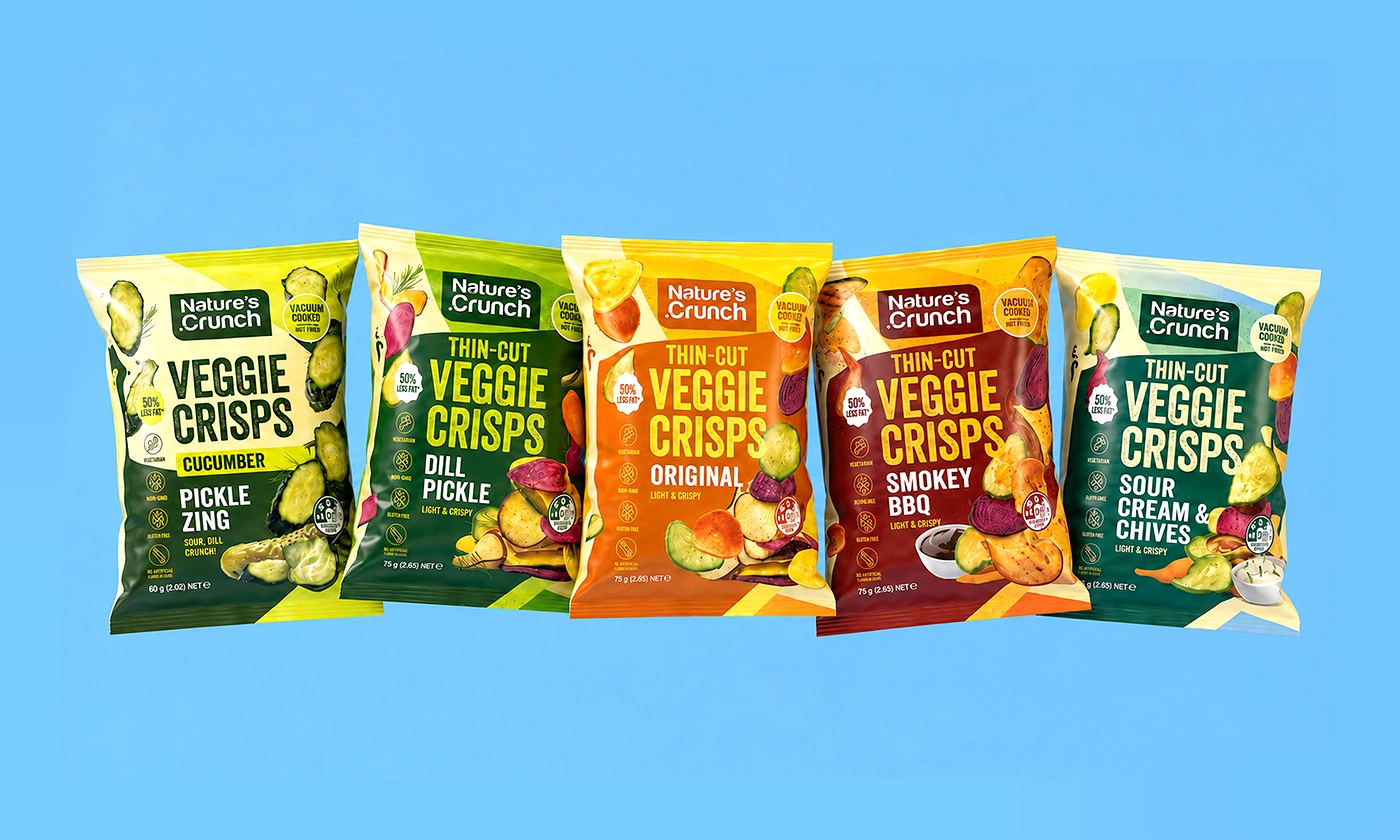 Nature’s Crunch veggie crisps packaging in five flavors designed by SOTDESIGN