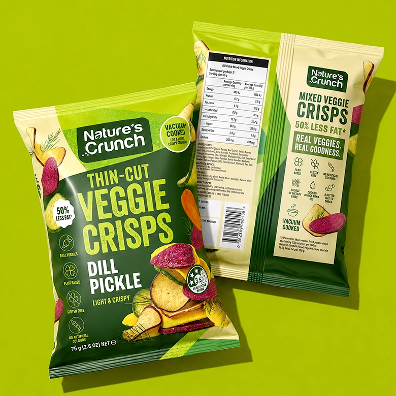 Nature's Crunch Dill Pickle veggie crisps bag, front and back with nutrition facts