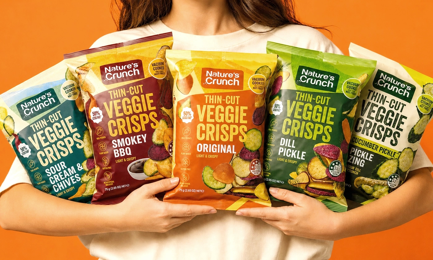 Five Nature's Crunch veggie crisps flavors held together